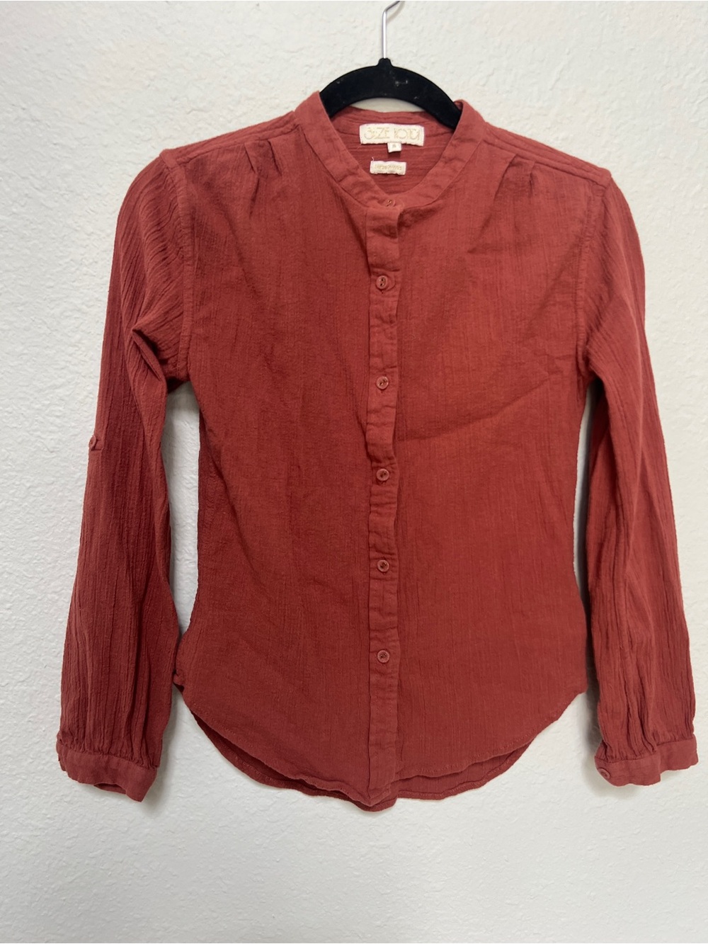 SUZIE KONDI salmon apricot peach cotton gauze long sleeve button up shirt